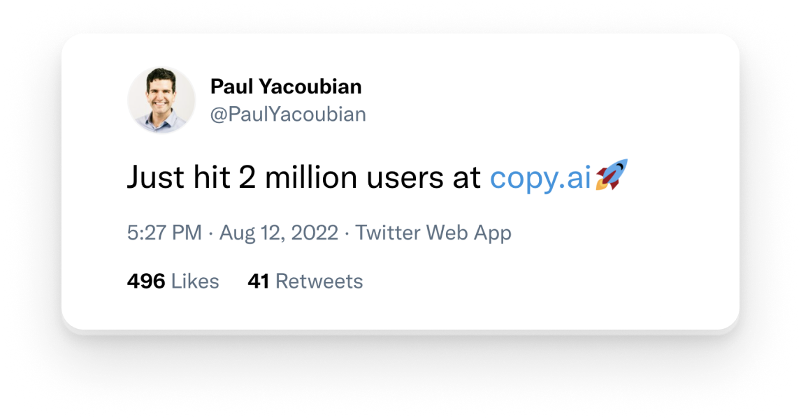 Copy AI announcing their two millionth user